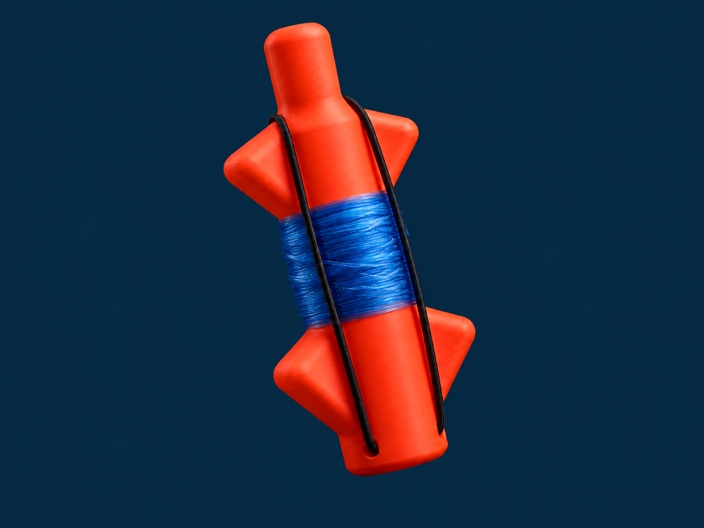 CAD-referenced orange flasher float with four spool shoulders, a free top handle, blue wound line, and lengthwise black retaining bungee.
