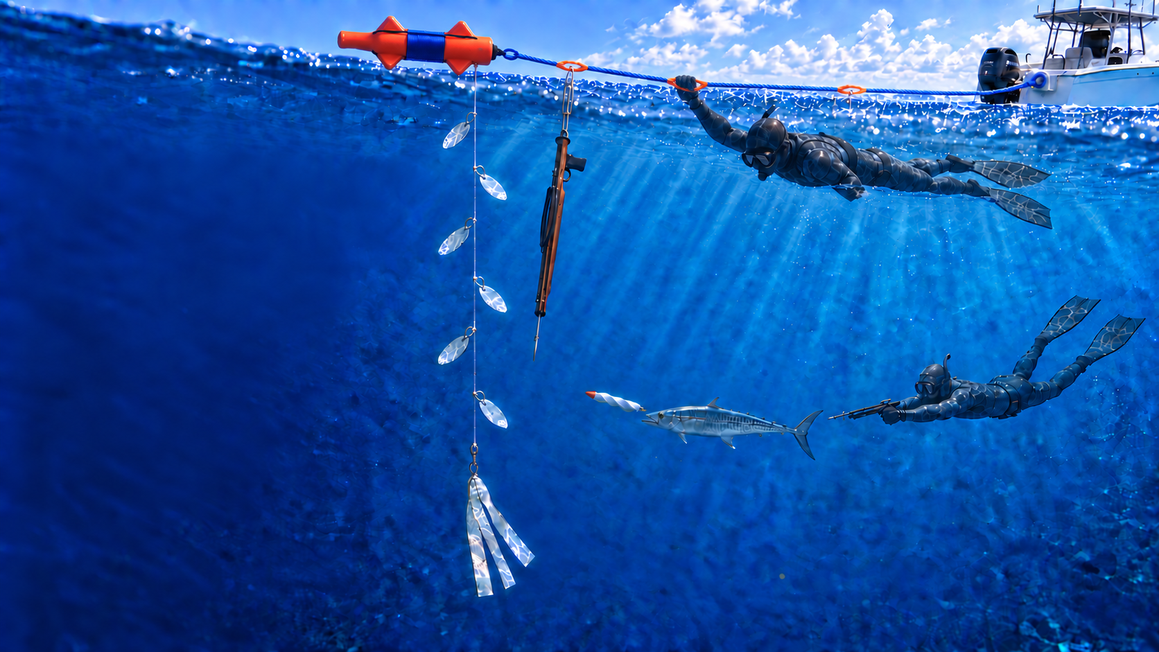 Ocean illustration with a single-handle horizontal flasher float, a blue rope attached to the boat, spaced orange spliced eyes, a submerged prone diver holding through an eye, a clipped wooden speargun, six hanging flashers, and a second diver aiming near a king mackerel.
